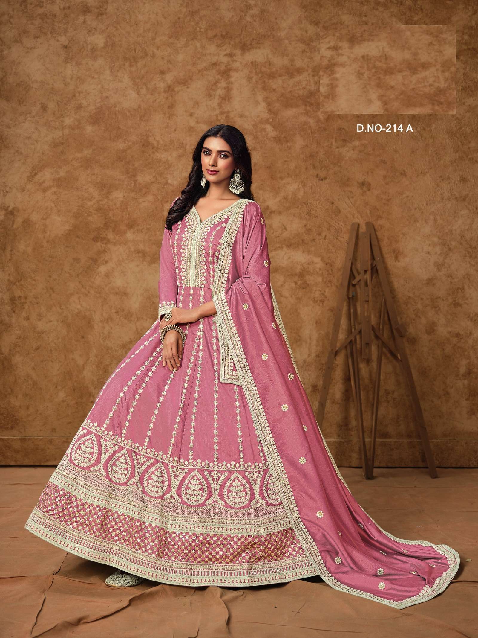 LATEST DESIGNER ANARKALI PARTY WEAR DOLLA SILK PINK SALWAR SUIT LONG GOWN ANY 214 A