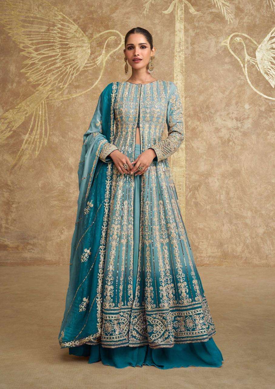 LATEST DESIGNER KOTI SKIRT ANARKALI PARTY WEAR BLUE GEORGETTE SALWAR SUIT SY SAWARIYA 5609 B