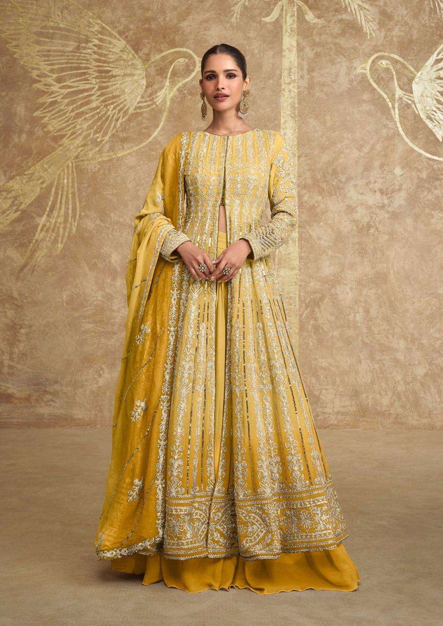 LATEST DESIGNER KOTI SKIRT ANARKALI PARTY WEAR YELLOW GEORGETTE SALWAR SUIT SY SAWARIYA 5609 D