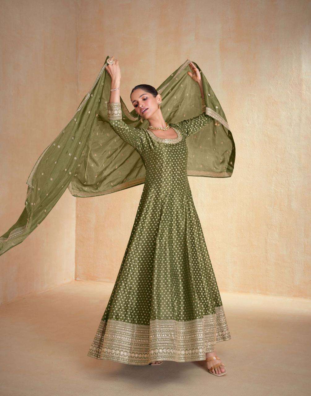 LATEST DESIGNER ORGANZA JAQUARD SILK GREEN ANARKALI PARTY WEAR SALWAR SUIT LONG GOWN AF BANARAS 10215