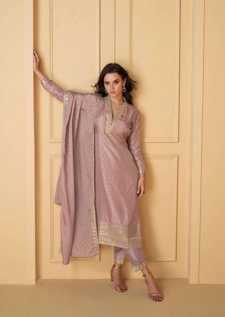 PAKISTANI DESIGNER FANCY WEDDING PARTY WEAR JAQUARD SILK PEACH STRAIGHT SALWAR SUIT RH NUTAN 5570