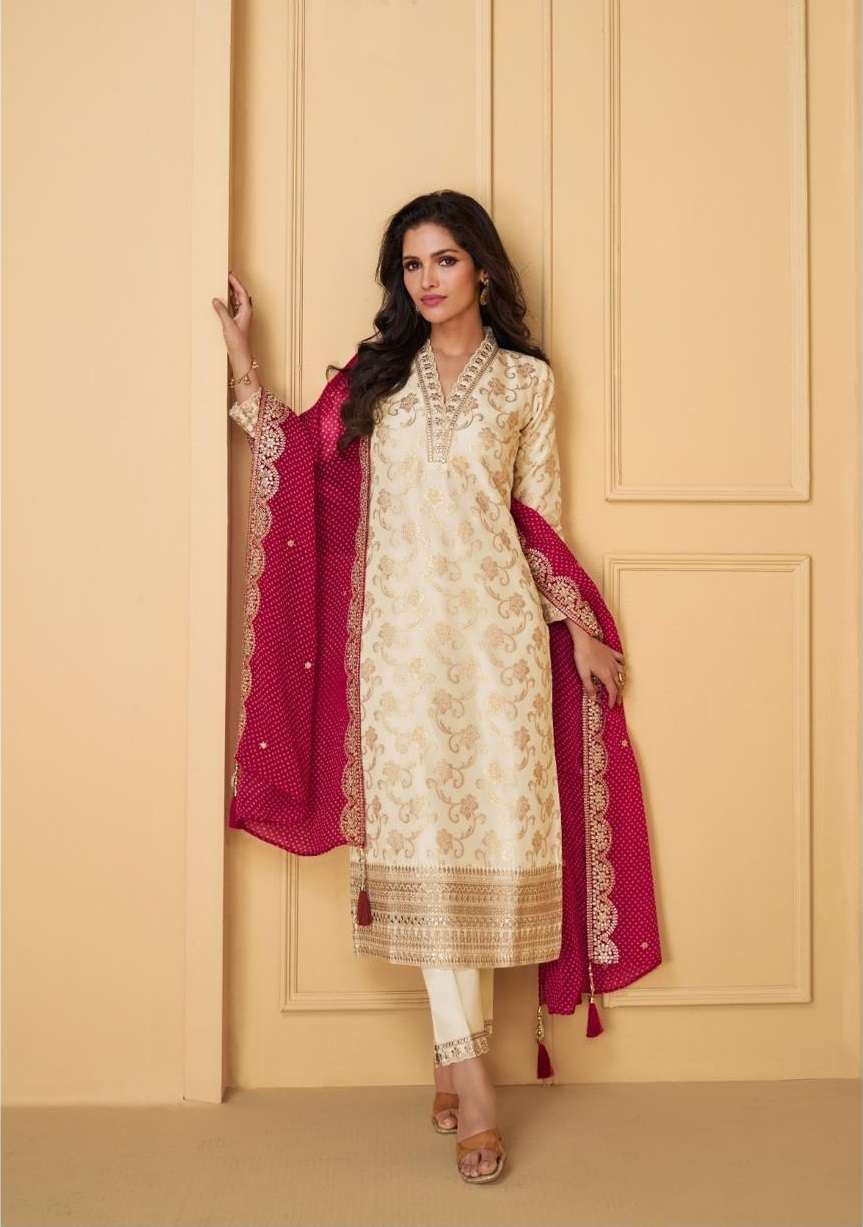 PAKISTANI DESIGNER FANCY WEDDING PARTY WEAR JAQUARD SILK BEIGE STRAIGHT SALWAR SUIT RH NUTAN 5571