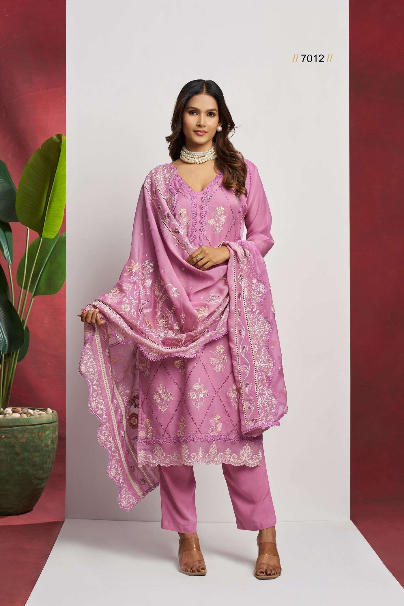 PAKISTANI DESIGNER FANCY WEDDING PARTY WEAR PINK ORGANZA SILK STRAIGHT SALWAR SUIT ALZ SAADGI 7012