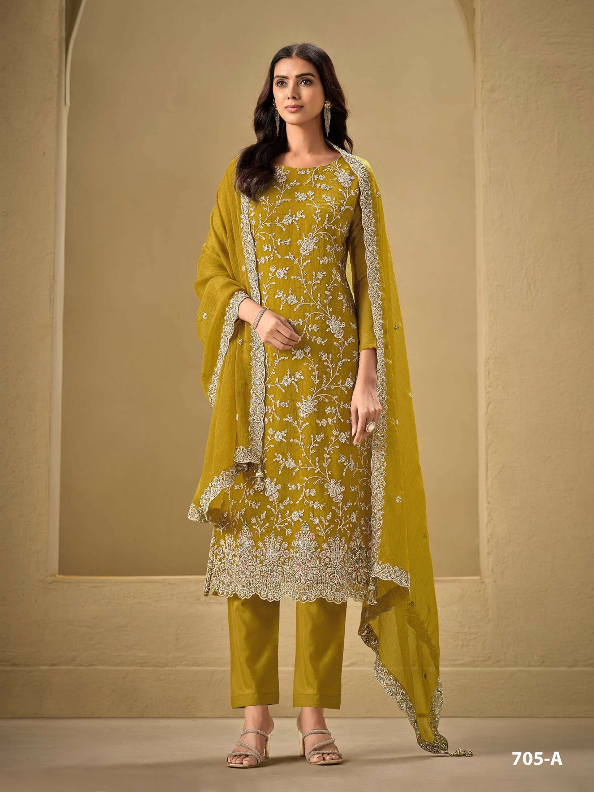 PAKISTANI DESIGNER FANCY WEDDING PARTY WEAR REAL CHINON YELLOW STRAIGHT SALWAR SUIT CPR 705 A