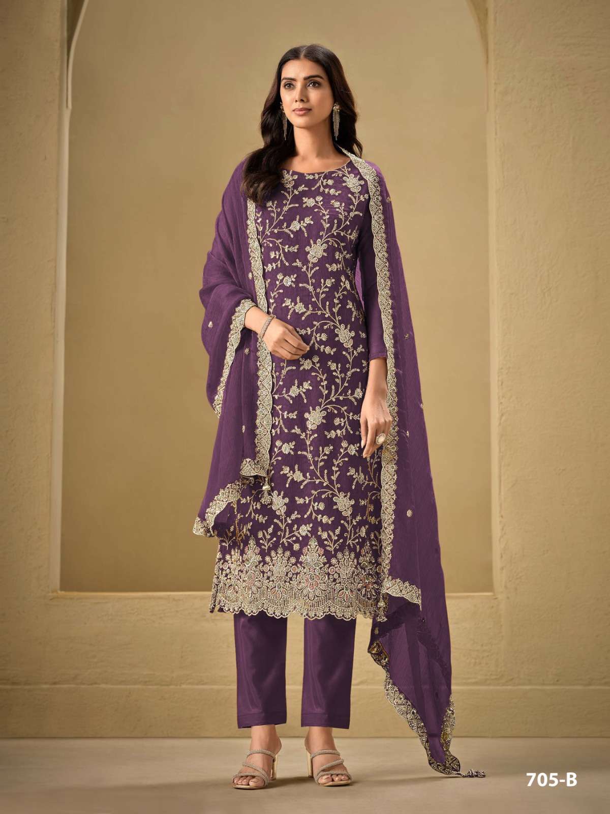 PAKISTANI DESIGNER FANCY WEDDING PARTY WEAR REAL CHINON PURPLE STRAIGHT SALWAR SUIT CPR 705 B