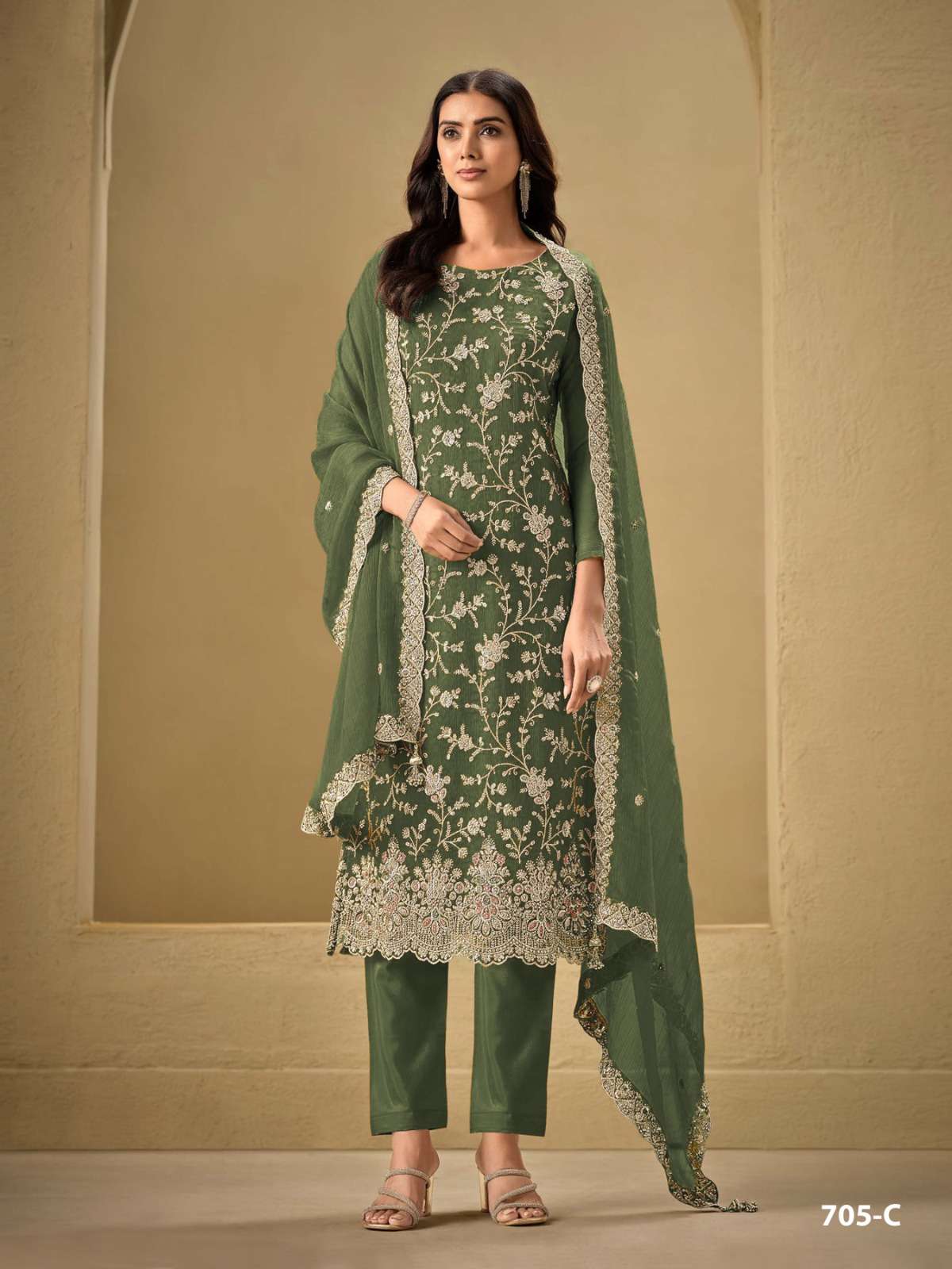 PAKISTANI DESIGNER FANCY WEDDING PARTY WEAR REAL CHINON GREEN STRAIGHT SALWAR SUIT CPR 705 C