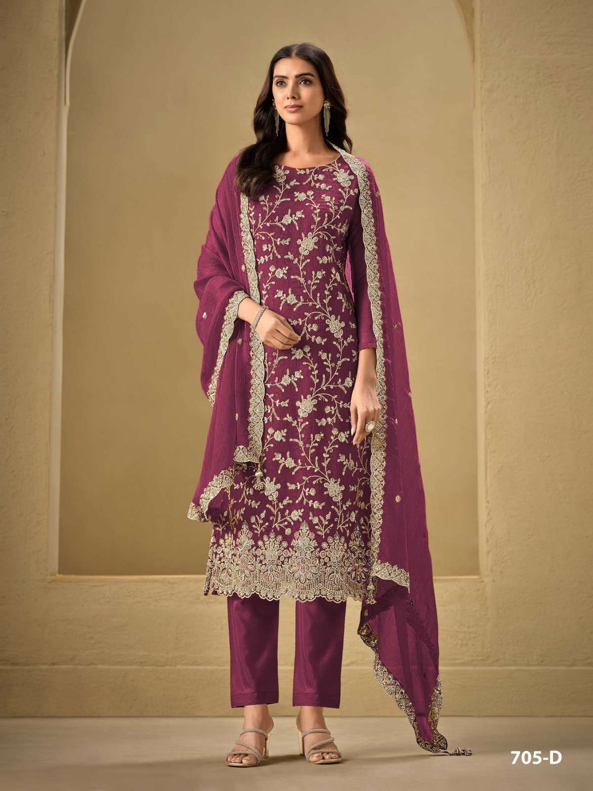 PAKISTANI DESIGNER FANCY WEDDING PARTY WEAR REAL CHINON MAROON STRAIGHT SALWAR SUIT CPR 705 D