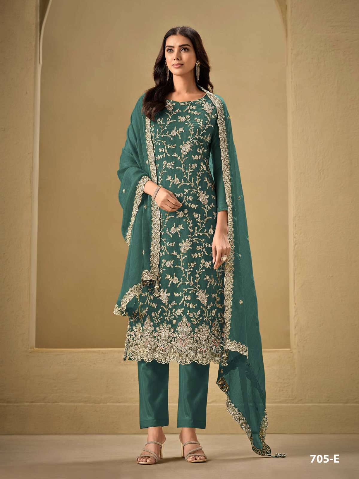 PAKISTANI DESIGNER FANCY WEDDING PARTY WEAR REAL CHINON BLUE STRAIGHT SALWAR SUIT CPR 705 E