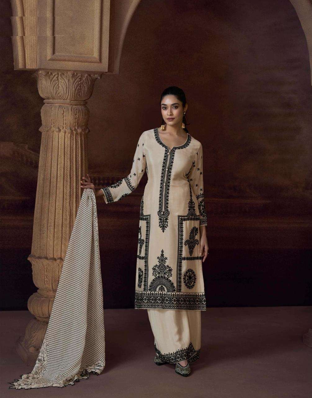 PAKISTANI DESIGNER FANCY WEDDING PARTY WEAR REAL CHINON WHITE SHARARA PALLZZO SALWAR SUIT SY ALEMZEB 5780