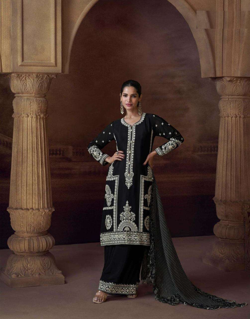 PAKISTANI DESIGNER FANCY WEDDING PARTY WEAR REAL CHINON BLACK SHARARA PALLZZO SALWAR SUIT SY ALEMZEB 5781