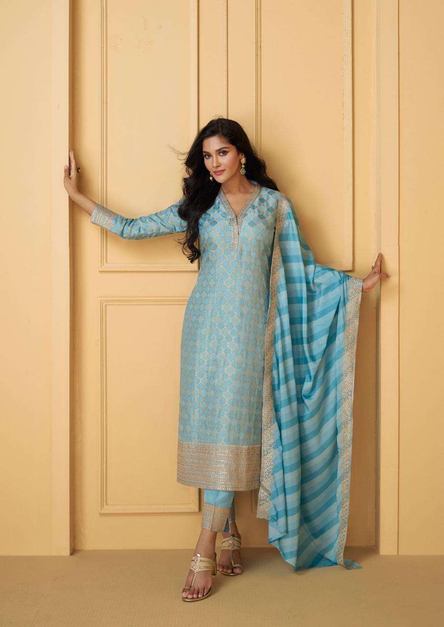 PAKISTANI DESIGNER FANCY WEDDING PARTY WEAR SKY BLUE JAQUARD SILK STRAIGHT SALWAR SUIT RH NUTAN 5572