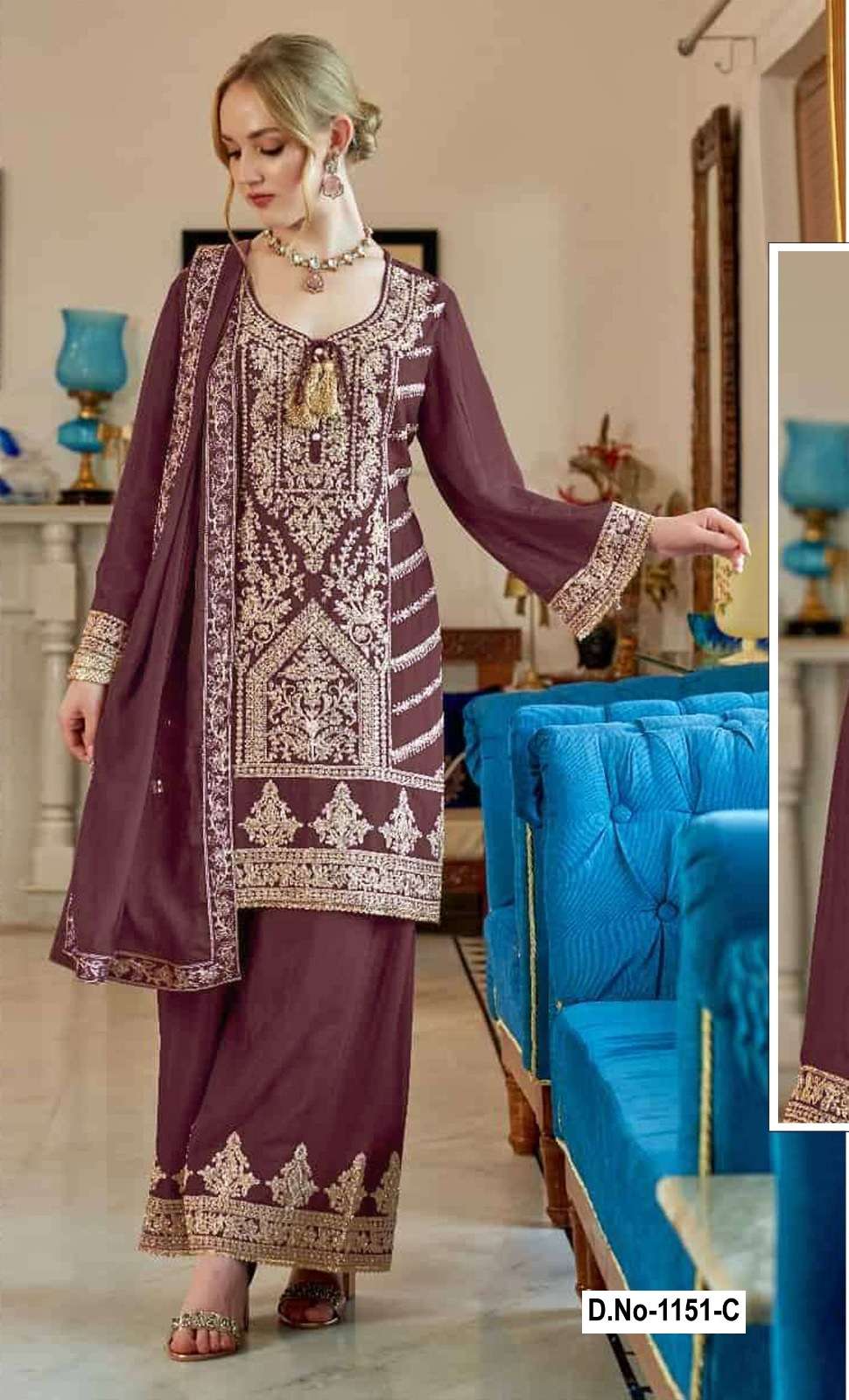 PAKISTANI DESIGNER FANCY WEDDING PARTY WEAR VICHITRA SIMAR BROWN PLAZZO SHARARA SALWAR SUIT SHF 1151 C