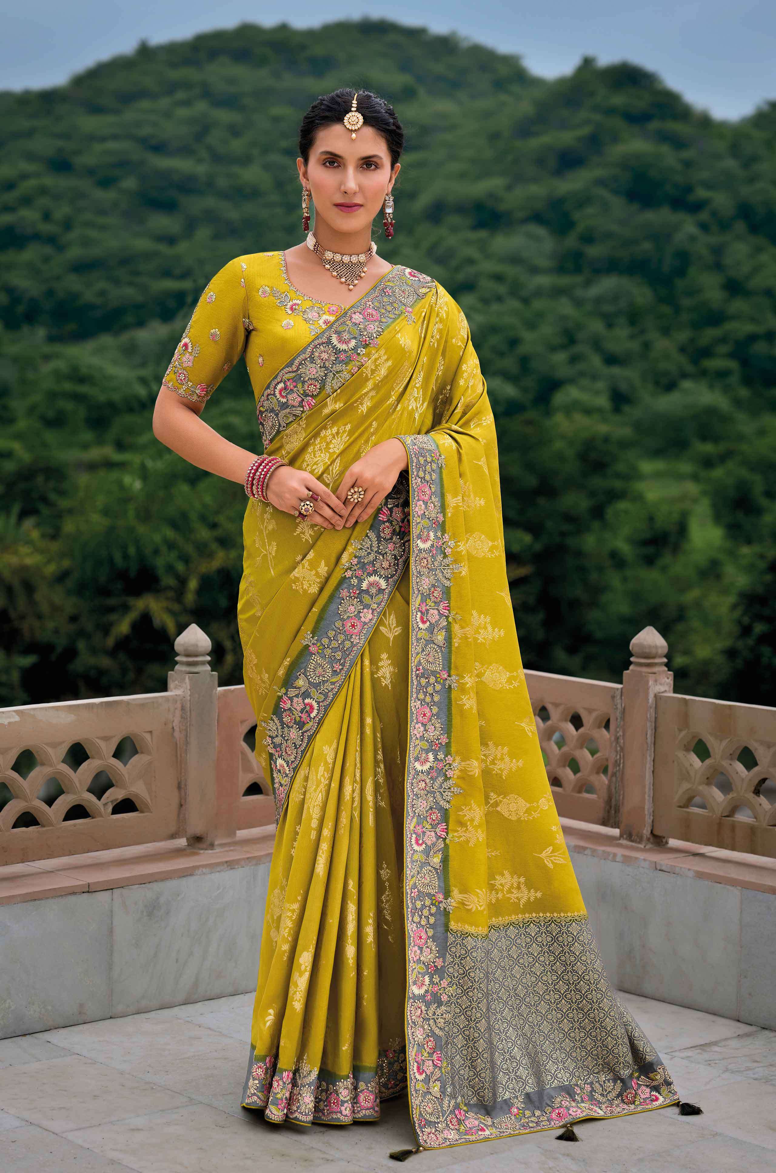 WEDDING SEASON DESIGNER BRIDAL PARTY WEAR HEAVY SILK YELLOW GREEN SAREE COLLECTION SM AANARA- 7301