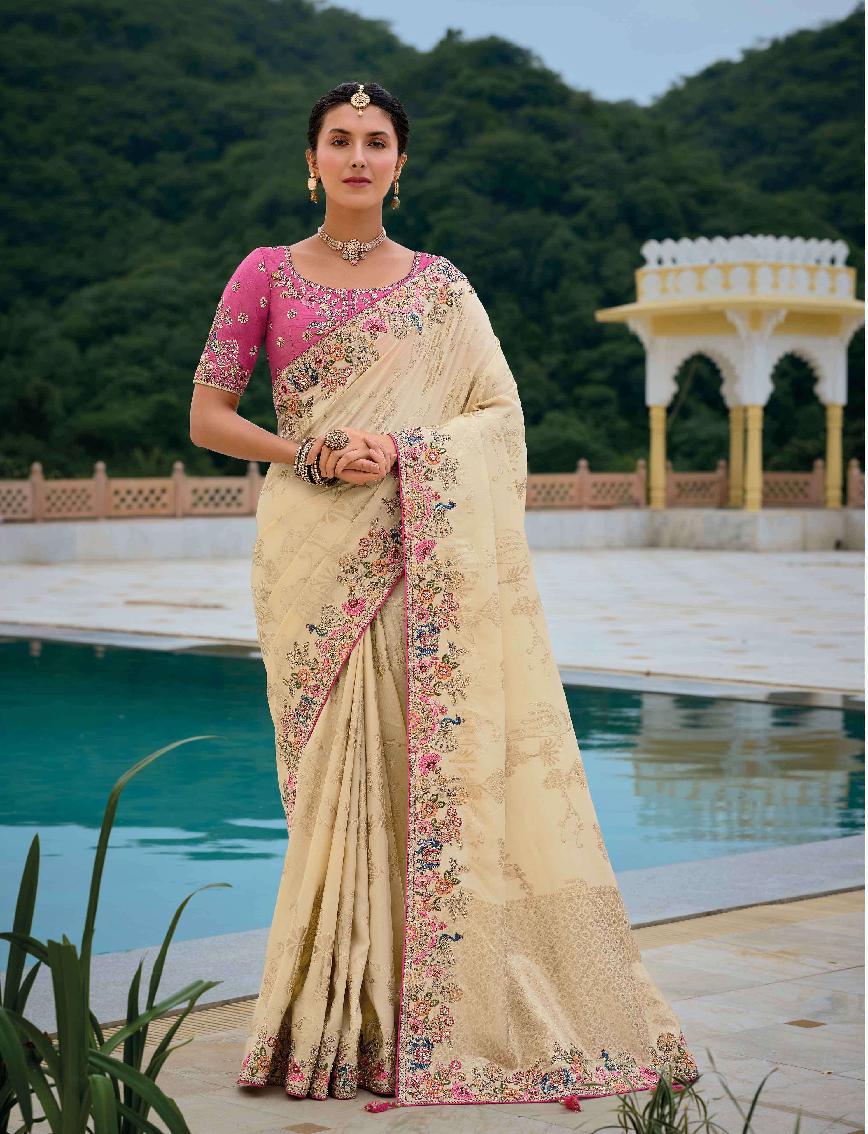 WEDDING SEASON DESIGNER BRIDAL PARTY WEAR HEAVY SILK BEIGE SAREE COLLECTION SM AANARA- 7302