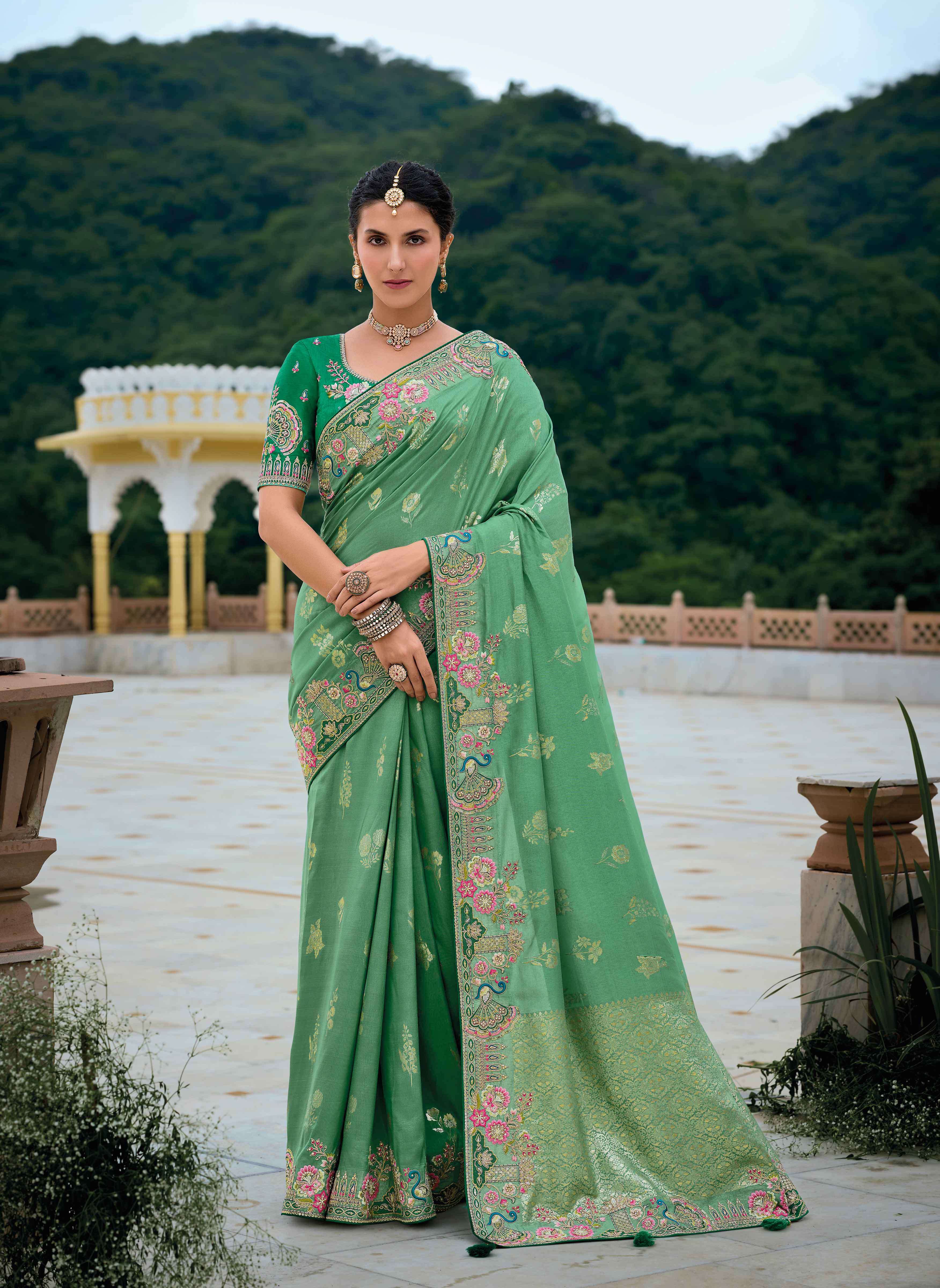 WEDDING SEASON DESIGNER BRIDAL PARTY WEAR HEAVY SILK GREEN SAREE COLLECTION SM AANARA- 7306