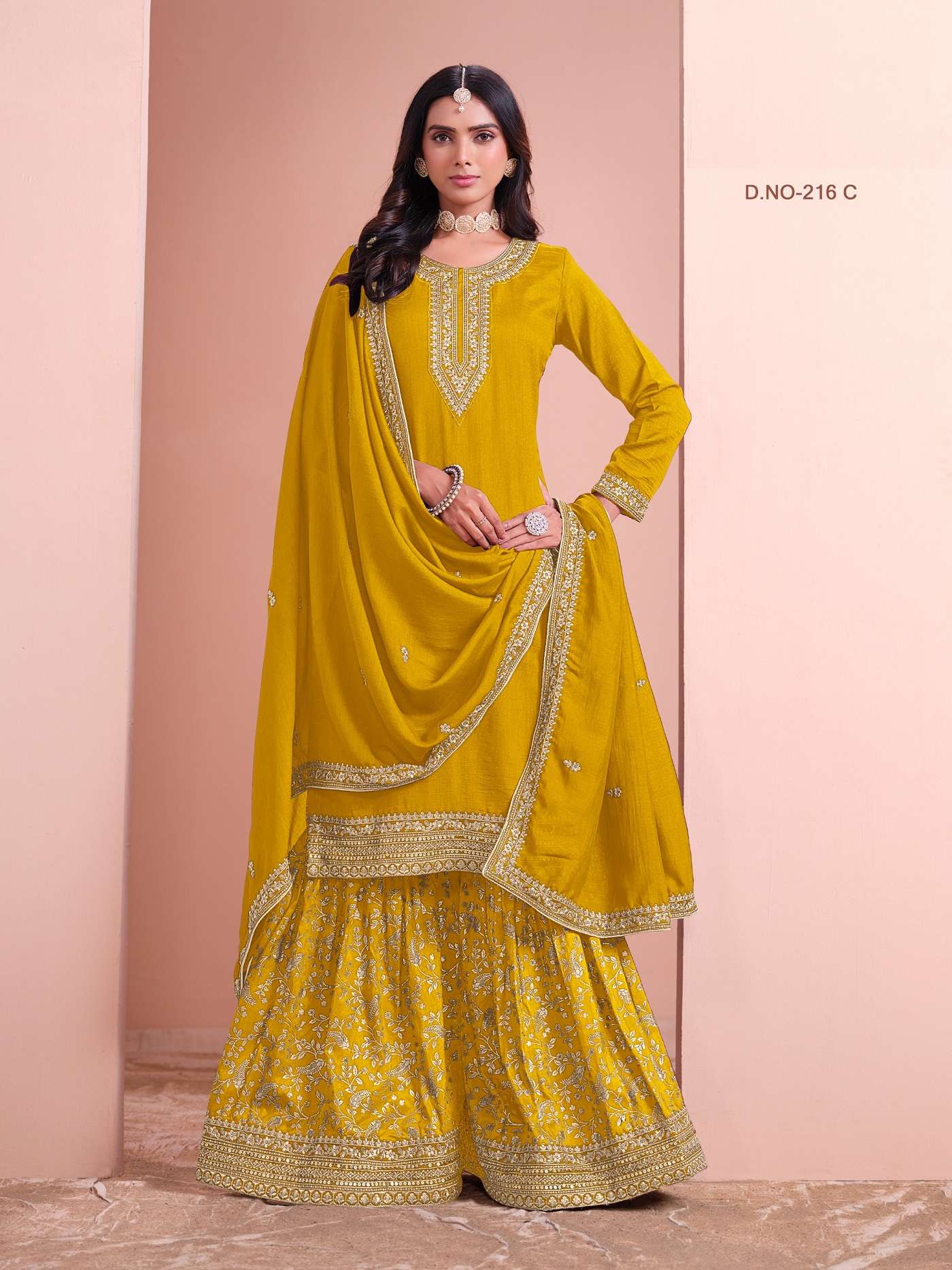 DESIGNER FANCY ART SILK YELLOW SHARARA PALAZZO SALWAR SUIT NEW COLLECTION ANY 216 C