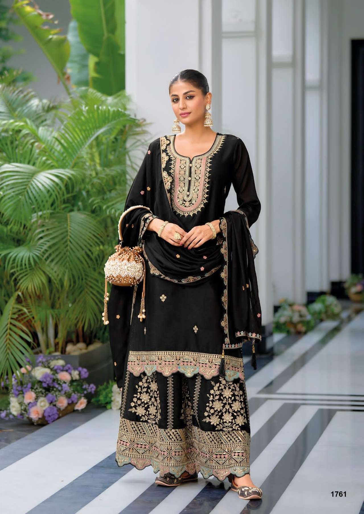 DESIGNER FANCY CHINON BLACK SHARARA PALAZZO SALWAR SUIT NEW COLLECTION RH SAFRRON 1761