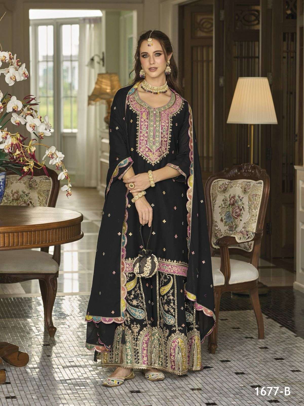 DESIGNER FANCY CHINON BLACK SHARARA PALAZZO SALWAR SUIT NEW COLLECTION JG 1677 B