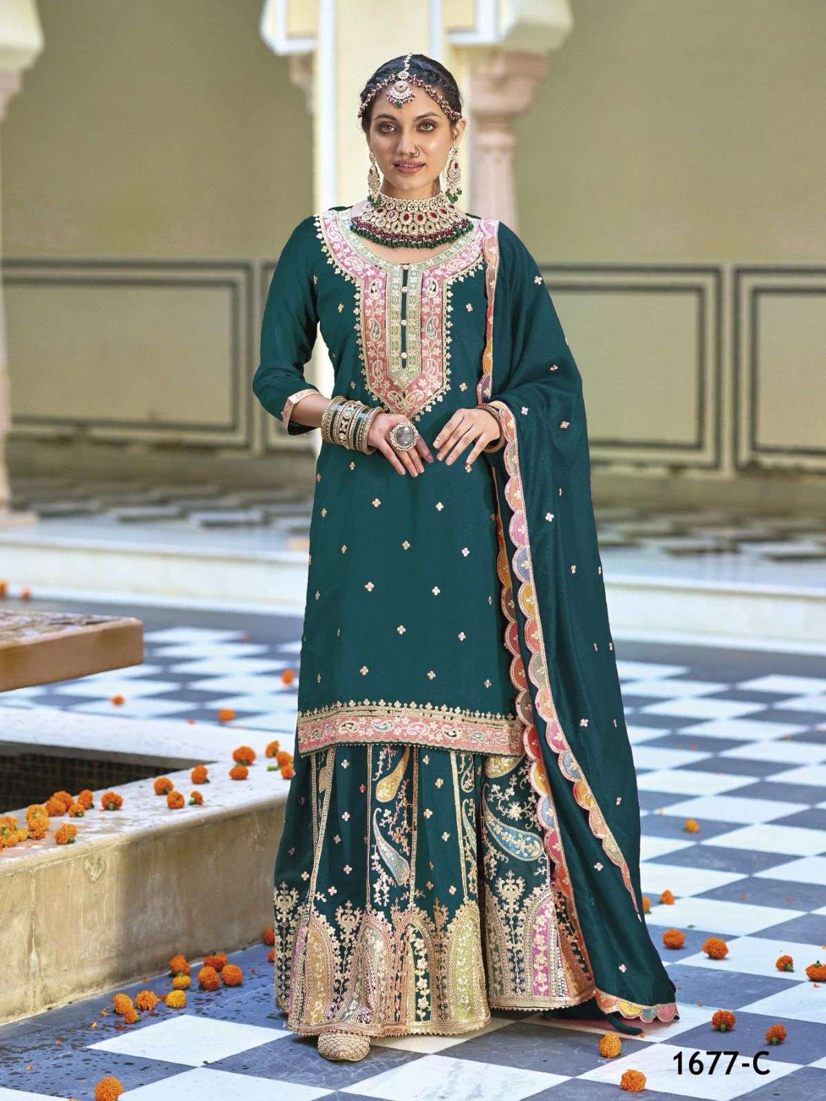 DESIGNER FANCY CHINON GREEN SHARARA PALAZZO SALWAR SUIT NEW COLLECTION JG 1677 C