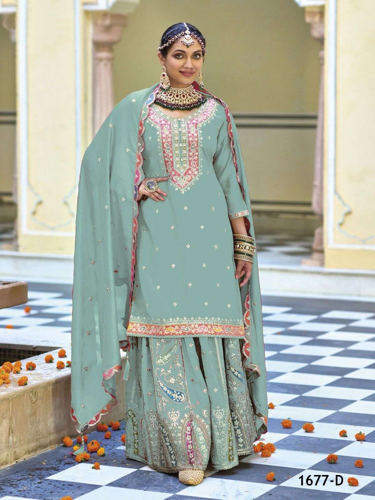 DESIGNER FANCY CHINON SKY COLOR SHARARA PALAZZO SALWAR SUIT NEW COLLECTION JG 1677 D