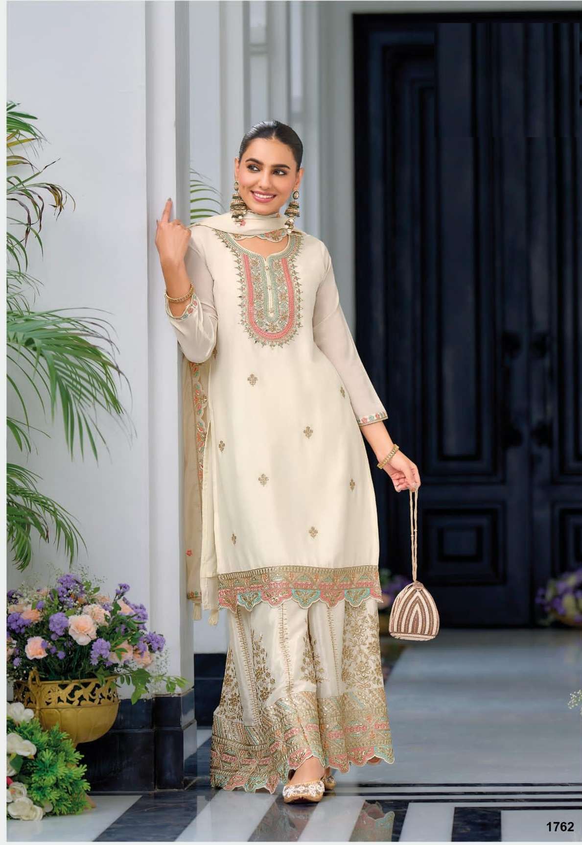 DESIGNER FANCY CHINON WHITE SHARARA PALAZZO SALWAR SUIT NEW COLLECTION RH SAFRRON 1762