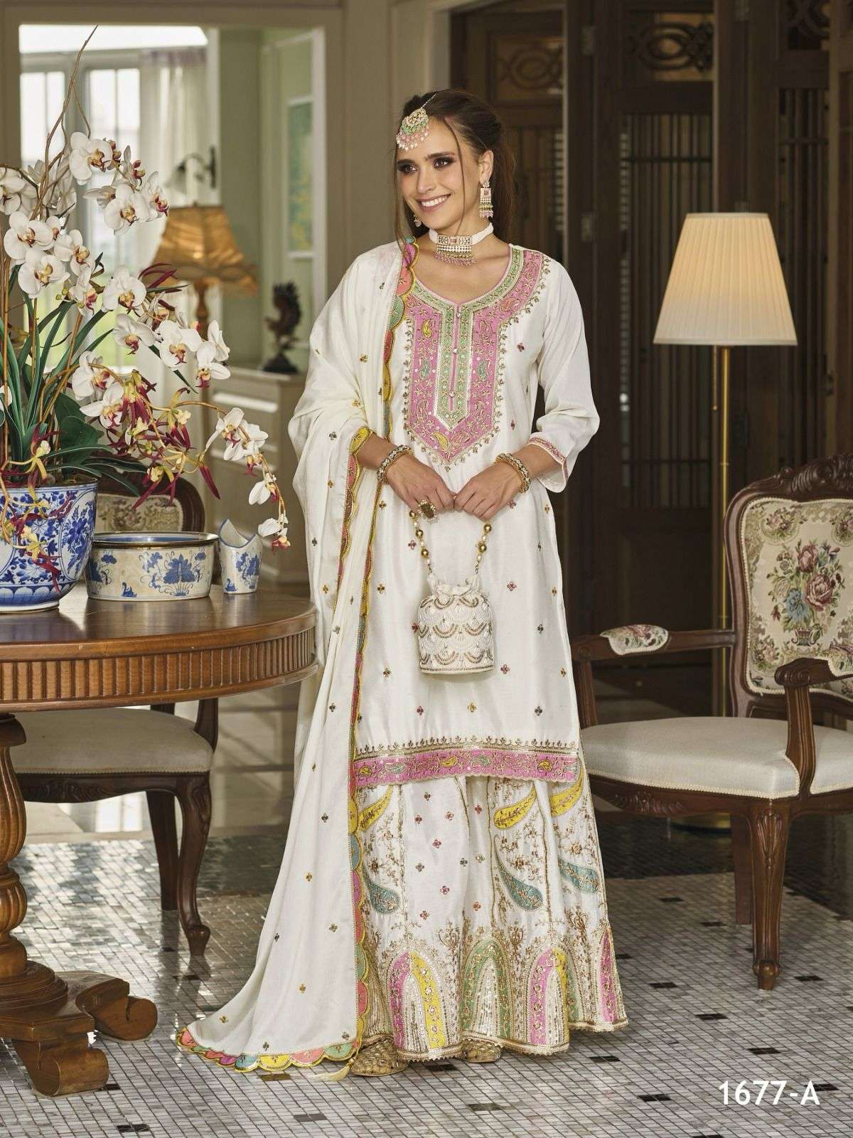 DESIGNER FANCY CHINON WHITE SHARARA PALAZZO SALWAR SUIT NEW COLLECTION JG 1677 A