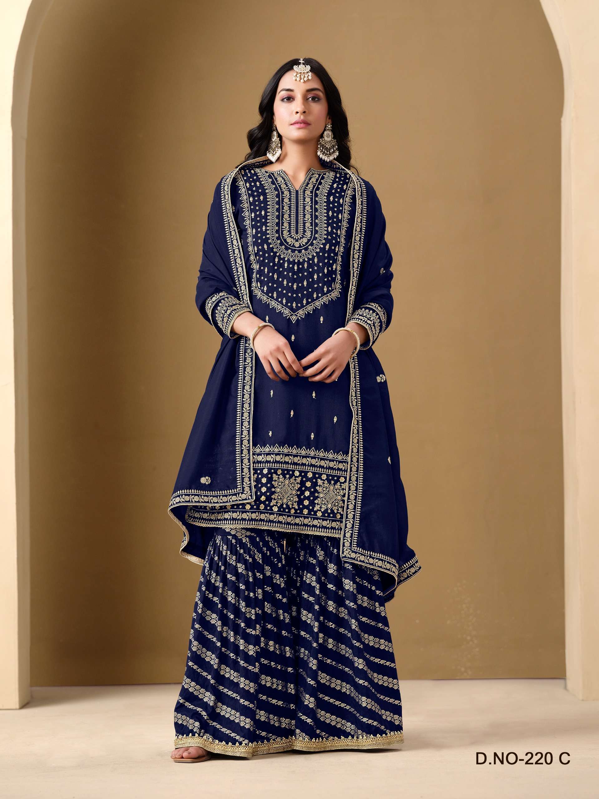 DESIGNER FANCY WEDDING PARTY WEAR ART SILK BLUE PALLAZO SHARARA SALWAR SUIT ANY 220 C