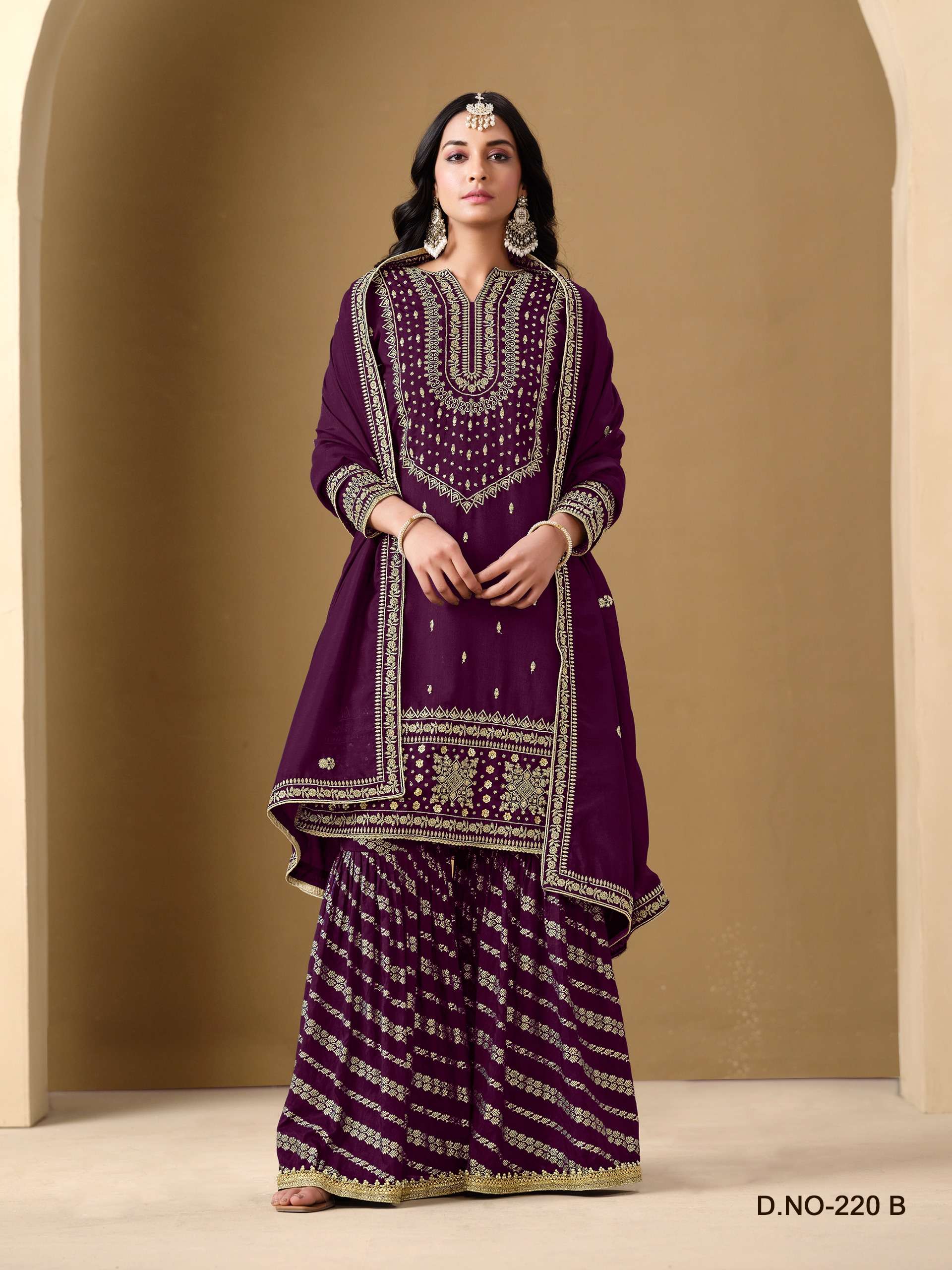 DESIGNER FANCY WEDDING PARTY WEAR ART SILK PURPLE PALLAZO SHARARA SALWAR SUIT ANY 220 B