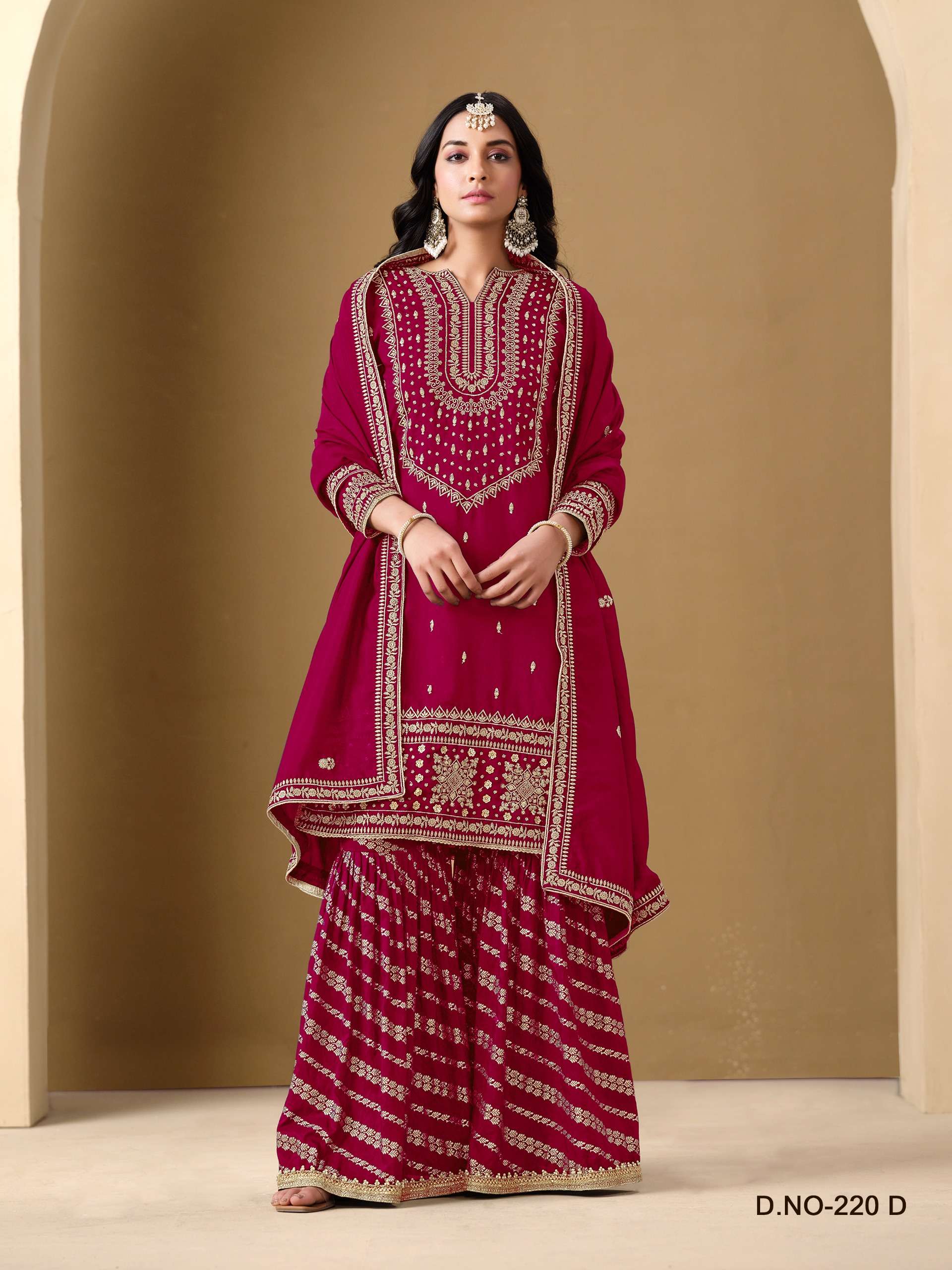 DESIGNER FANCY WEDDING PARTY WEAR ART SILK RED PALLAZO SHARARA SALWAR SUIT ANY 220 D