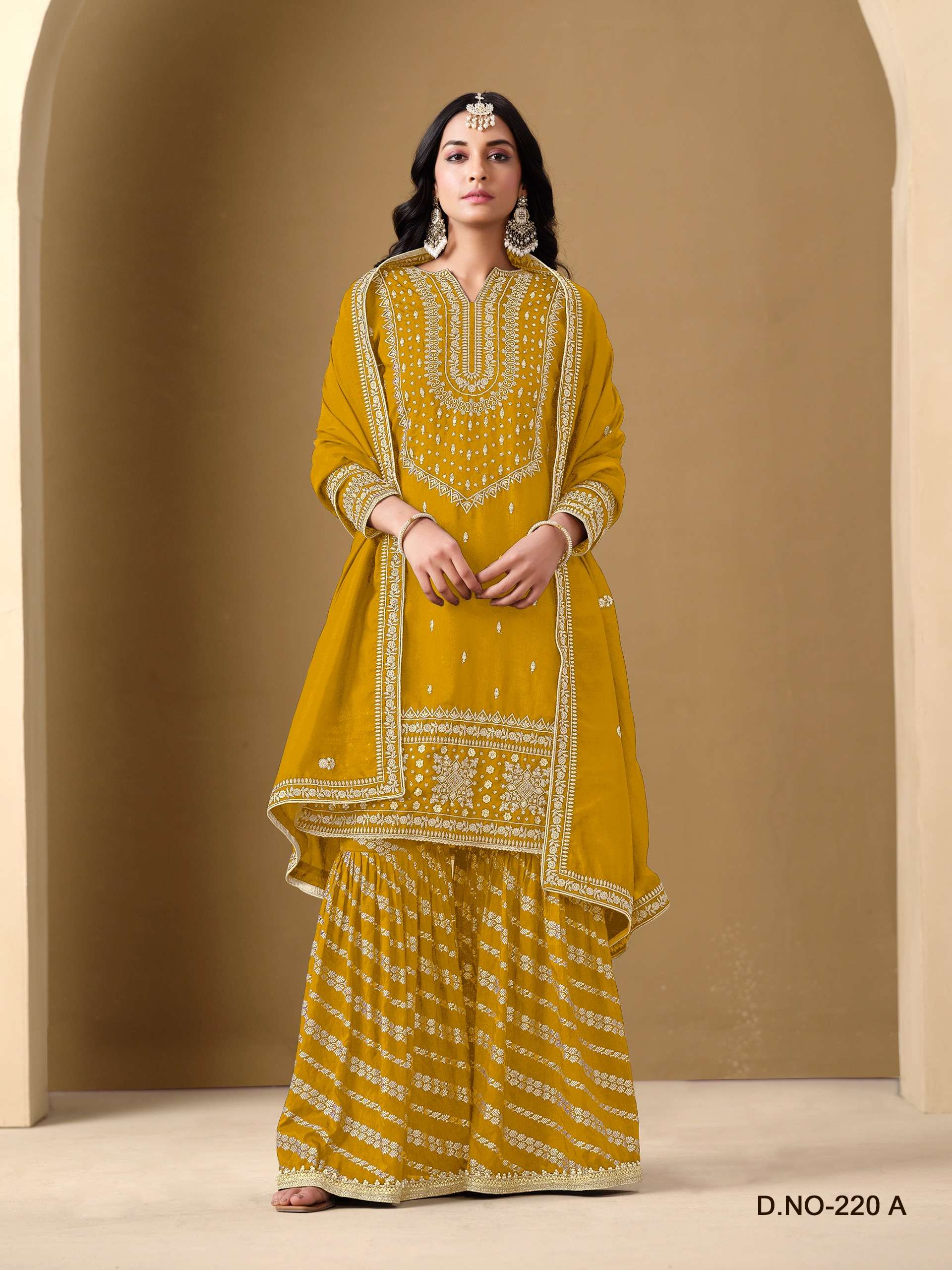 DESIGNER FANCY WEDDING PARTY WEAR ART SILK YELLOW PALLAZO SHARARA SALWAR SUIT ANY 220 A