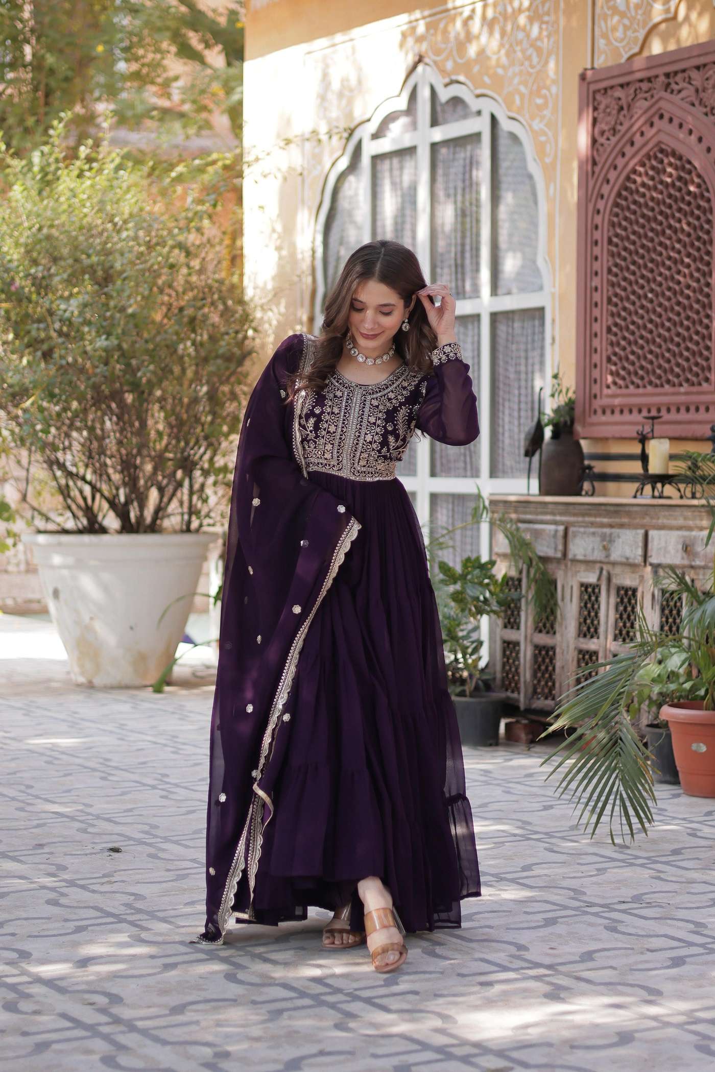 DESIGNER FANCY WEDDING PARTY WEAR BLOOMING GEORGETTE PURPLE ANARKALI GOWN SALWAR SUIT LW 9221 A