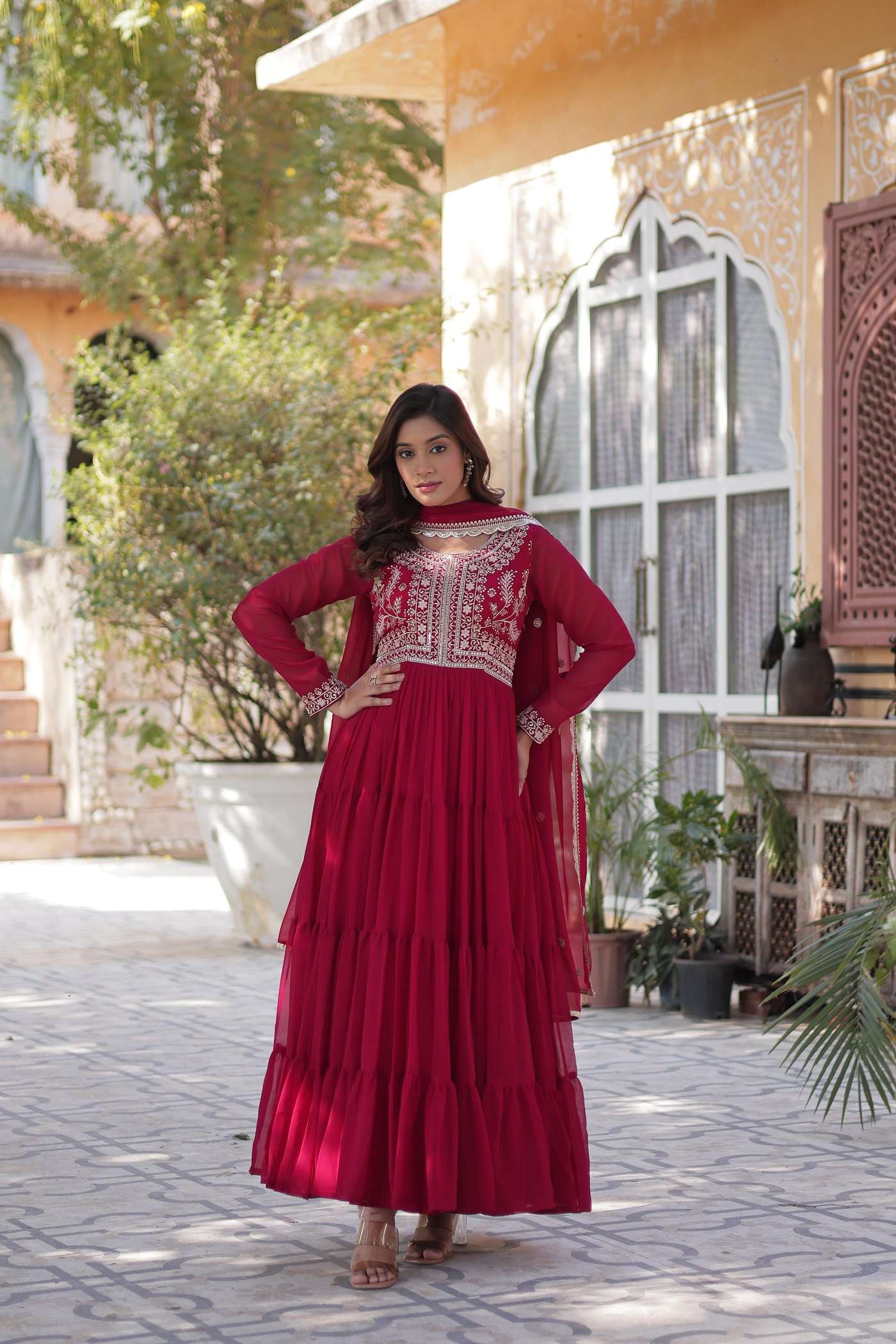 DESIGNER FANCY WEDDING PARTY WEAR BLOOMING GEORGETTE RED ANARKALI GOWN SALWAR SUIT LW 9221 B