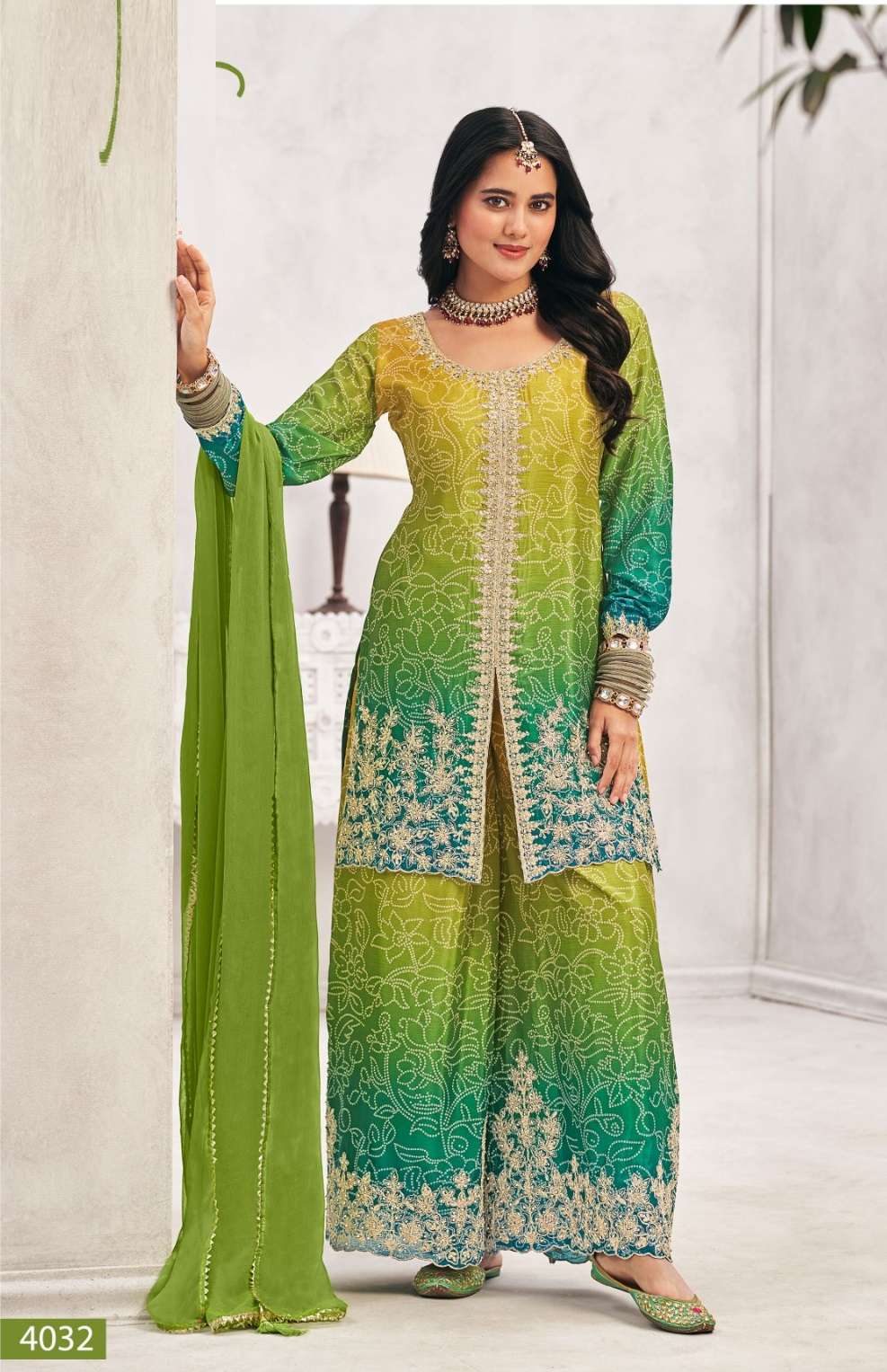 DESIGNER FANCY WEDDING PARTY WEAR CHINON SILK GREEN PRINTED PALLAZO SHARARA SALWAR SUIT NVN RADHA 4032