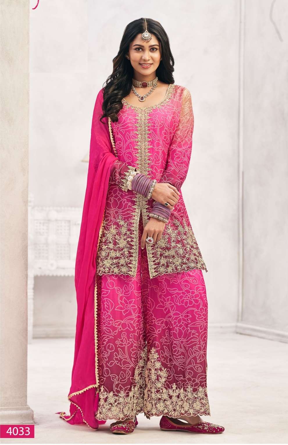 DESIGNER FANCY WEDDING PARTY WEAR CHINON SILK PRINTED PINK PALLAZO SHARARA SALWAR SUIT NVN RADHA 403