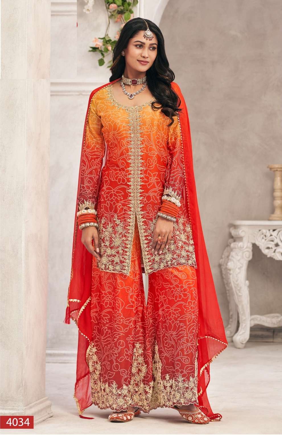 DESIGNER FANCY WEDDING PARTY WEAR CHINON SILK PRINTED ORANGE PALLAZO SHARARA SALWAR SUIT NVN RADHA 4034