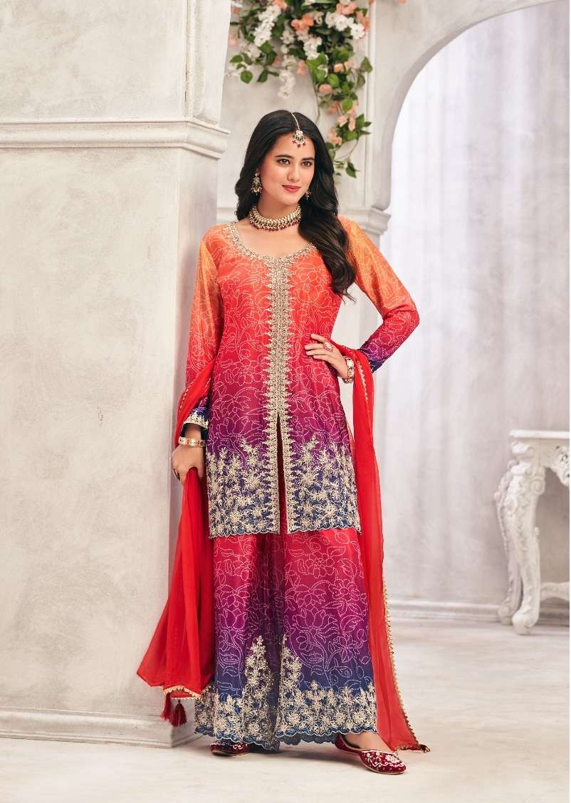 DESIGNER FANCY WEDDING PARTY WEAR CHINON SILK RED PRINTED PALLAZO SHARARA SALWAR SUIT NVN RADHA 4031