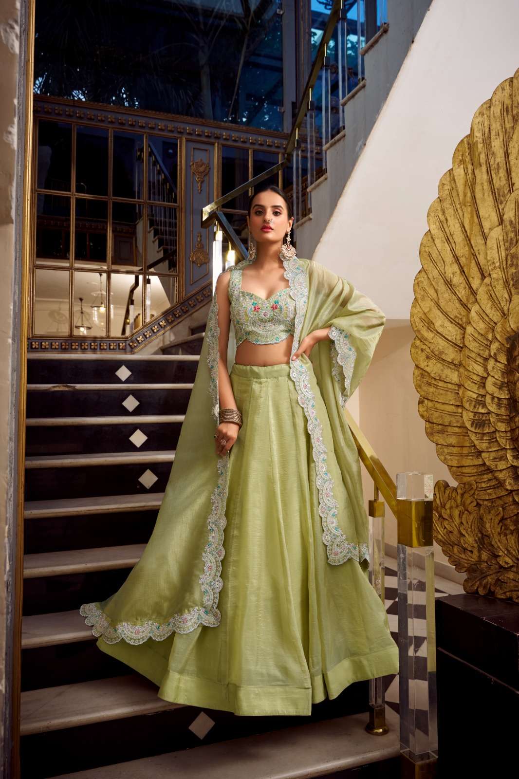 DESIGNER FANCY WEDDING PARTY WEAR CRUSH SILK GREEN LEHENGA CHOLI PC 1433