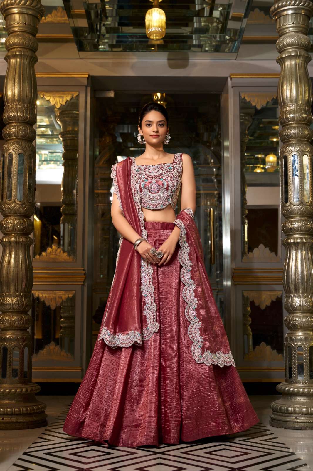 DESIGNER FANCY WEDDING PARTY WEAR CRUSH SILK MAROON LEHENGA CHOLI PC 1433