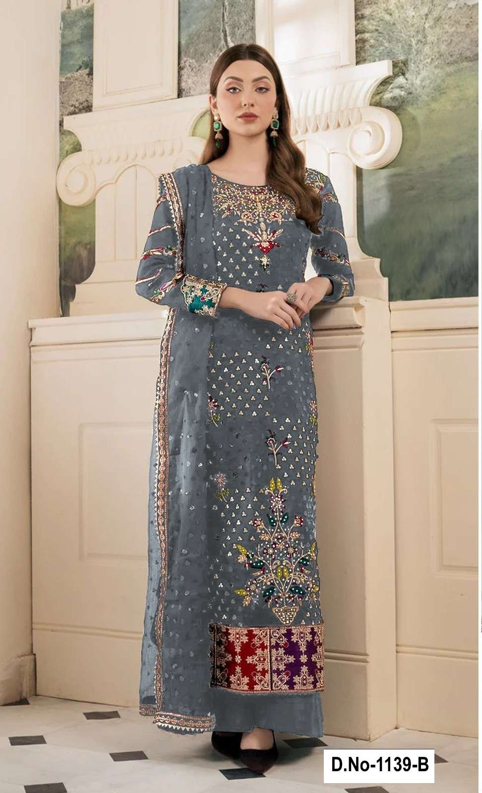 DESIGNER FANCY WEDDING PARTY WEAR GREY PAKISTANI GEORGETTE SALWAR SUIT SHF 1139 B