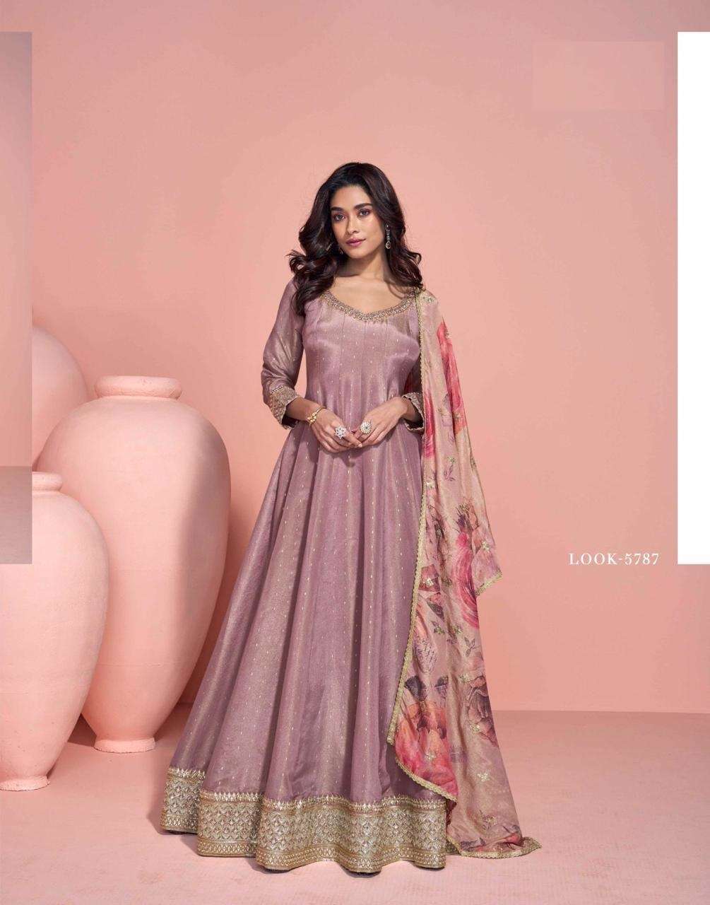 DESIGNER FANCY WEDDING PARTY WEAR VISCOS JAQUARD SILK PEACH ANARKALI GOWN SALWAR SUIT SY SIKHA 5787