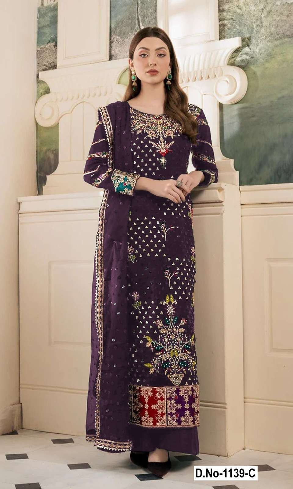 DESIGNER FANCY WEDDING PARTY WEAR WINE PAKISTANI GEORGETTE SALWAR SUIT SHF 1139 C