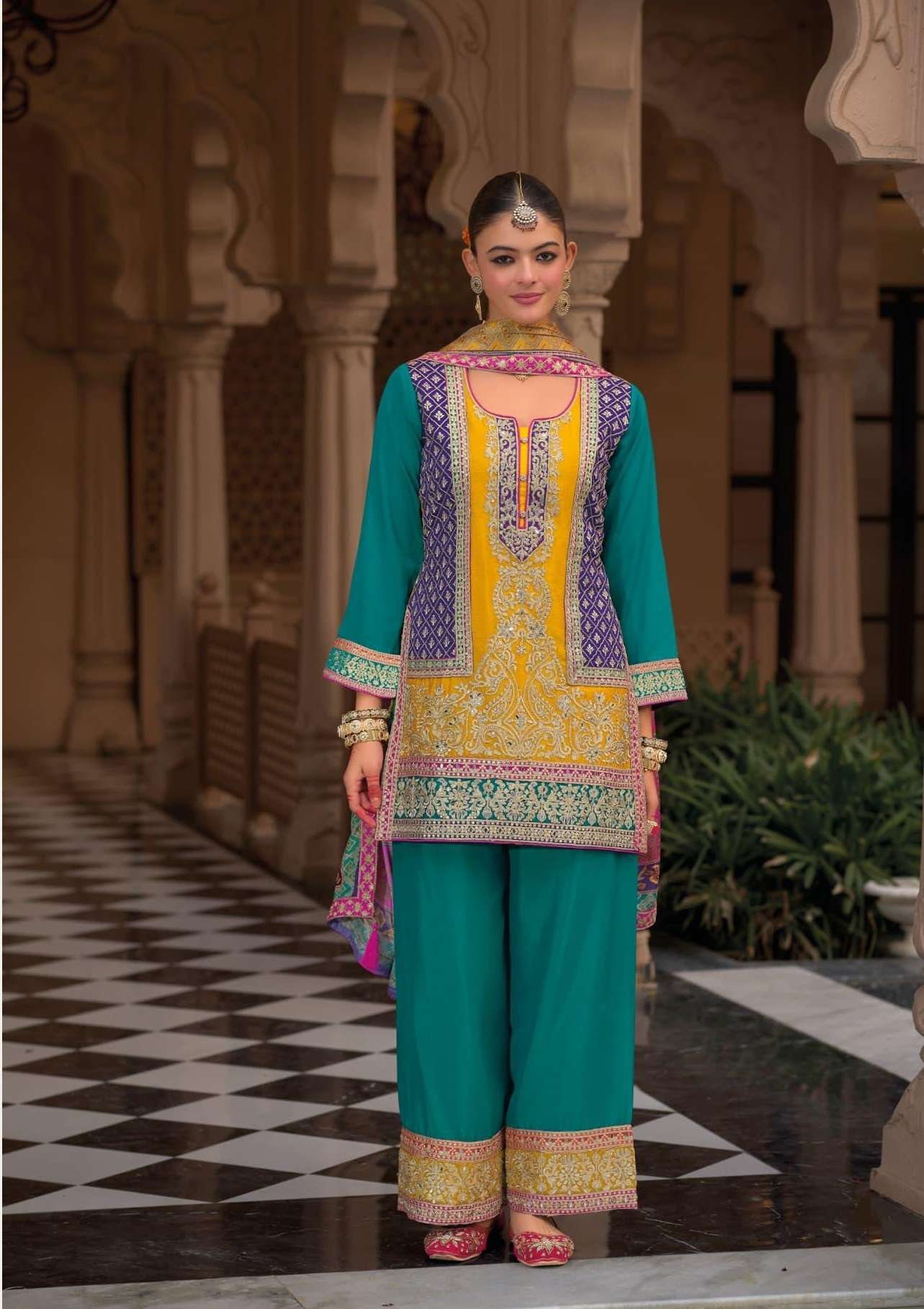 DESIGNER WEDDING PARTY WEAR CHINON BLUE SHARARA PALLAZO SALWAR SUIT DST EBA KASTURI 1832