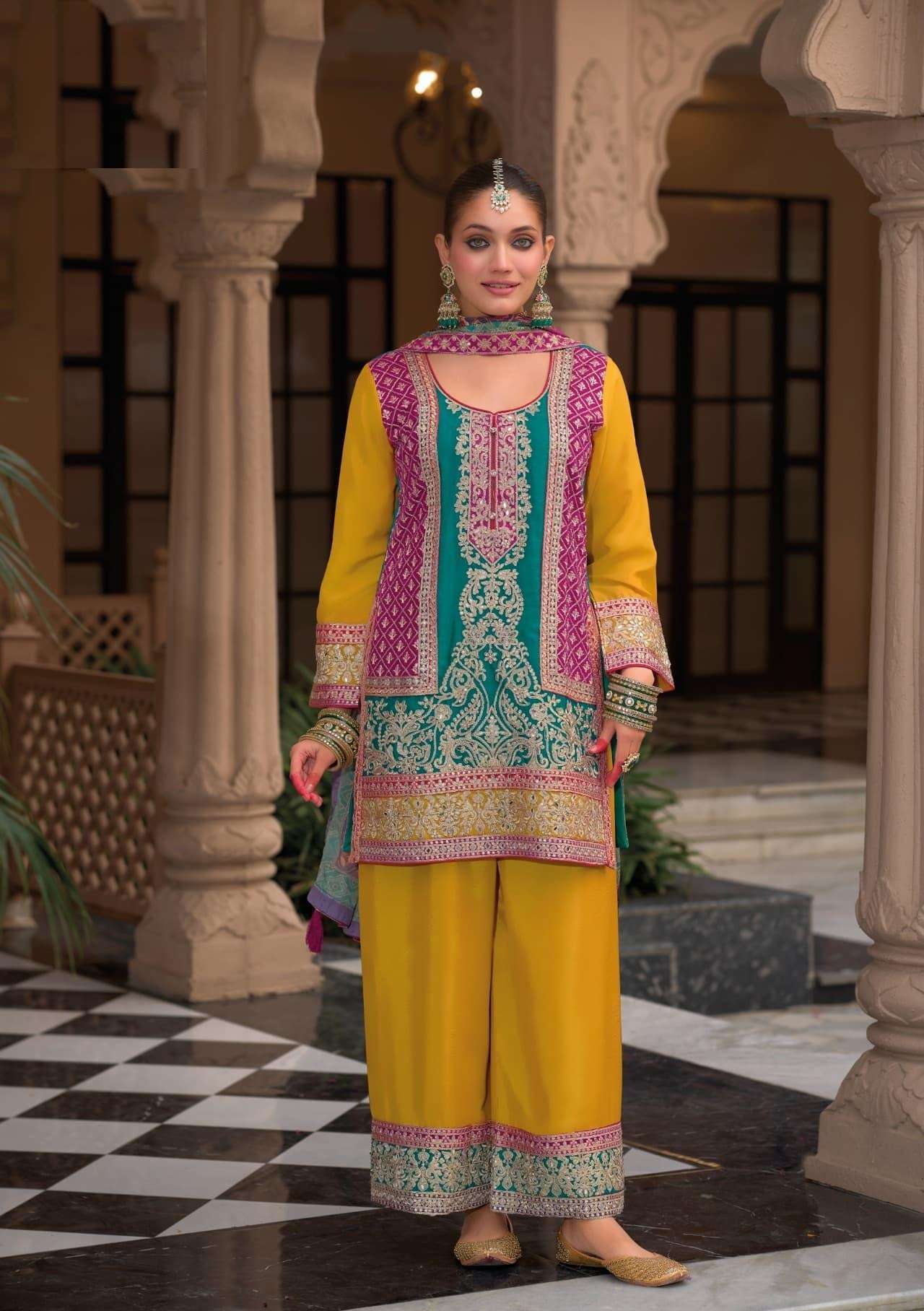 DESIGNER WEDDING PARTY WEAR CHINON YELLOW SHARARA PALLAZO SALWAR SUIT DST EBA KASTURI 1831