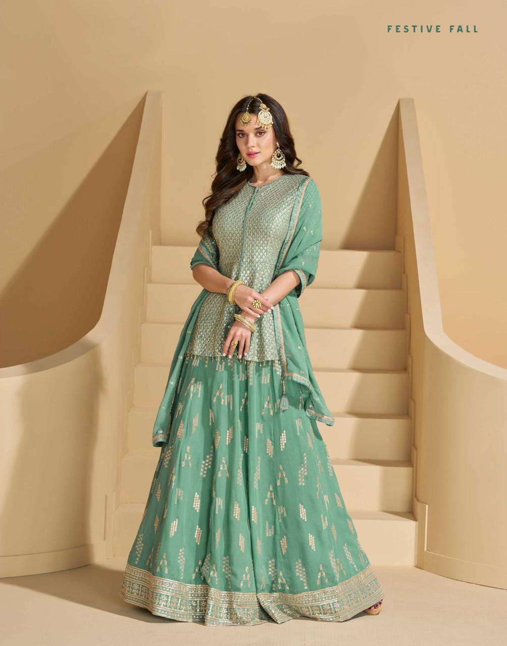 DESIGNER WEDDING PARTY WEAR GEORGETTE GREEN SHARARA SKIRT SALWAR SUIT SY MADHUBALA 5802