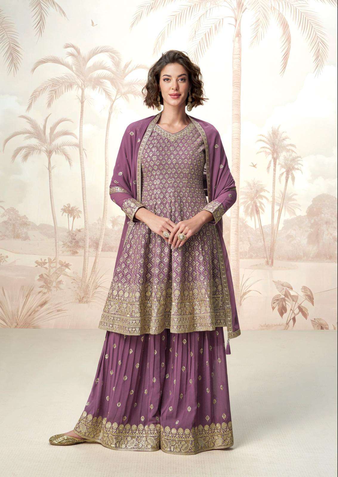 DESIGNER WEDDING PARTY WEAR GEORGETTE LAVENDER SHARARA PALLAZO SALWAR SUIT SY JASHMINE 10221