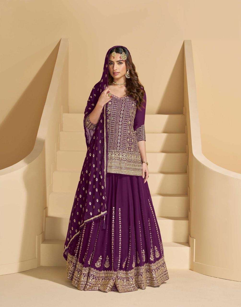 DESIGNER WEDDING PARTY WEAR GEORGETTE PURPLE SHARARA SKIRT SALWAR SUIT SY MADHUBALA 5800