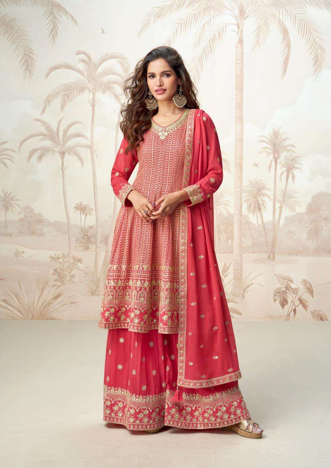 DESIGNER WEDDING PARTY WEAR GEORGETTE RED SHARARA PALLAZO SALWAR SUIT SY JASHMINE 10220