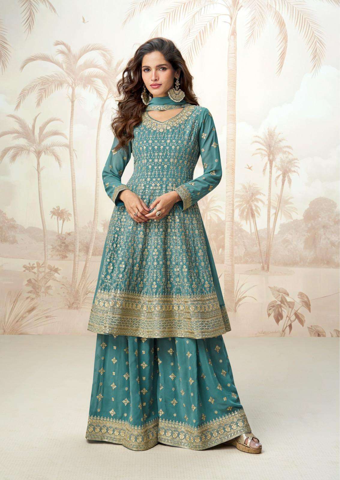 DESIGNER WEDDING PARTY WEAR GEORGETTE SKY BLUE SHARARA PALLAZO SALWAR SUIT SY JASHMINE 10222