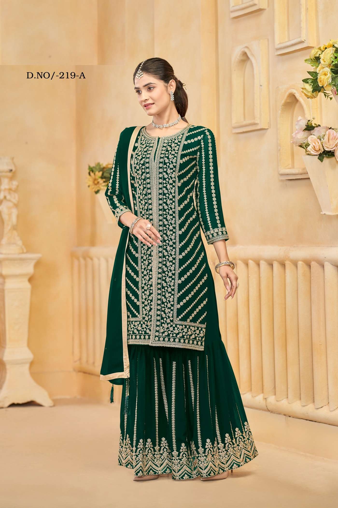 DESIGNER WEDDING PARTY WEAR GREEN GEORGETTE SHARARA SALWAR SUIT ANY 219 A