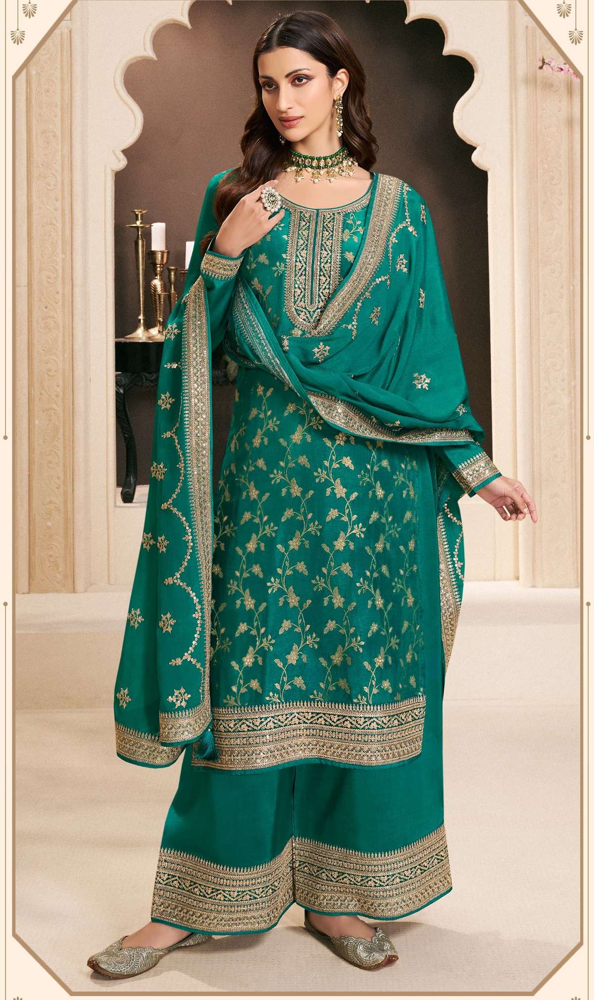 DESIGNER WEDDING PARTY WEAR GREEN SILK SHARARA SALWAR SUIT NVN VNY KHANAK 73775